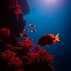 Realistic underwater photograph of a vibrant coral reef with colorful fish swimming among the corals. Clear blue water with sunlight filtering through