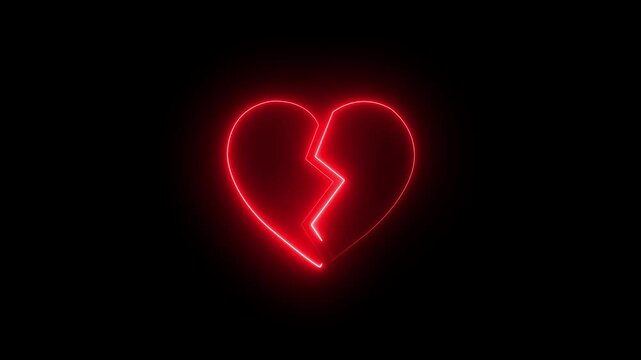 Animation icon of a broken red heart 4k on black background. Broken heart animation. Concept of unrequited love broken heart neon sign animation Neon broken heart  - Powered by Adobe