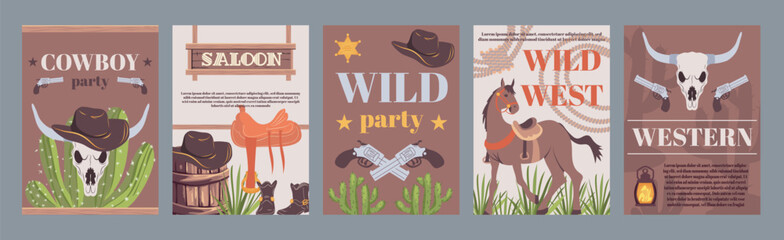 Cowboy party typography template posters. Vertical covers with cow skull, cactus, revolvers, saddle, barrel, horse, other western signs. Modern banners set in minimalism design. Vector illustration.
