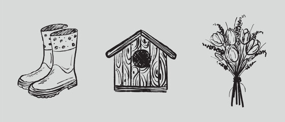 Fototapeta premium Protective rubber boots, wooden bird feeder, and bouquet of spring tulip flowers in black brush stroke texture isolated on white. Hand drawn vector sketch illustration in vintage charcoal ink