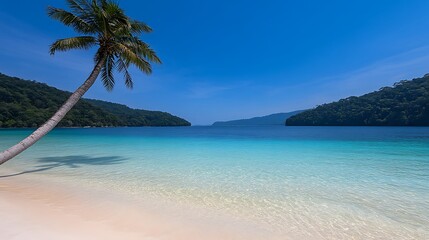 Fototapeta premium Palm tree on tropical beach with crystal water, mountains in background, for travel ads
