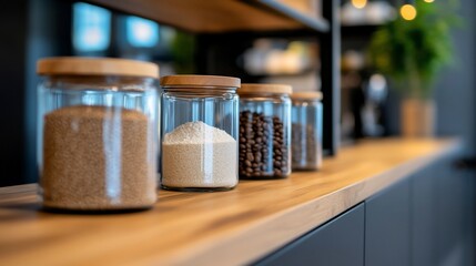 Coffee shop ingredients on shelf, blurred background