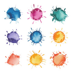 A collection of watercolor stains with a natural ink splatter effect in bright and pastel tones.