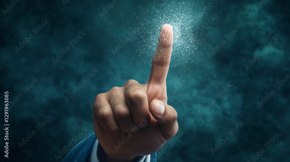 Fototapete Hand of a businessman touching digital data with his index finger generating light and particles