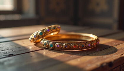  Gold bangles with colorful gemstones on rustic wooden table.

