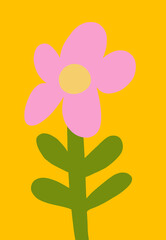 Bright flower against a vibrant background with leaf design in cutout style. Hand-drawn simple botanical illustration