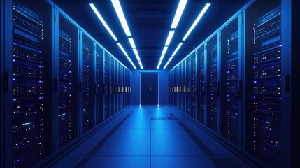 Fototapeta premium Futuristic data center with illuminated server racks and high-tech networking infrastructure, ideal for cloud computing, cybersecurity, and AI-driven data processing
