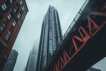Naklejka premium Urban Cityscape with Modern Skyscraper and Elevated Train Bridge on an Overcast Day