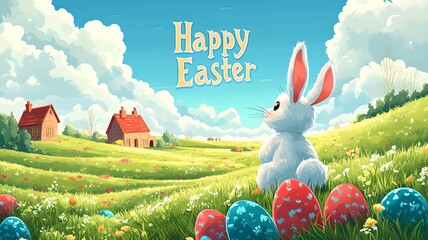 An Easter poster with flowers, grass, bunnies, colorful eggs and the text "Happy Easter".