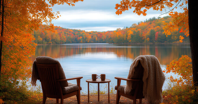 Relaxing Autumn Lakeside Scene with Adirondack Chairs
