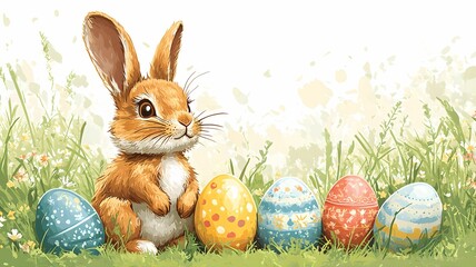 An illustration with flowers, grass, cute rabbits and colorful eggs.