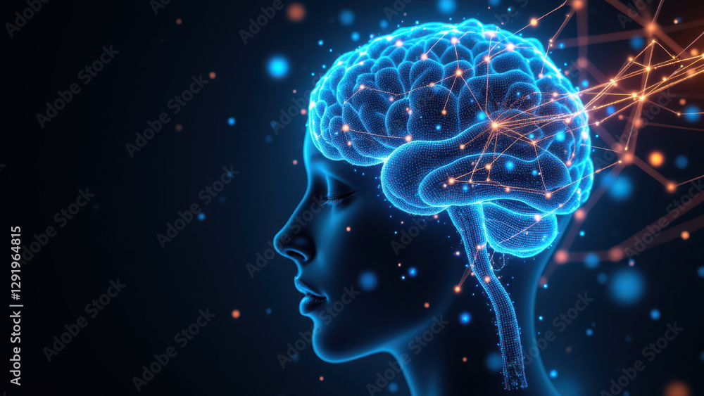 Poster a representation of artificial general intelligence with a human brain-like structure surrounded by 