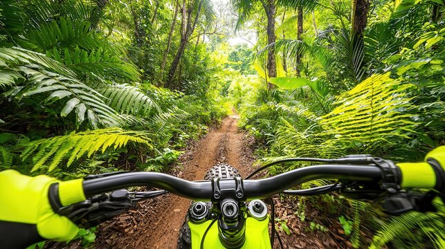 Mountain biking thrills with downhill and off-road adventures. Mountain bike view on a lush green forest trail. - Powered by Adobe