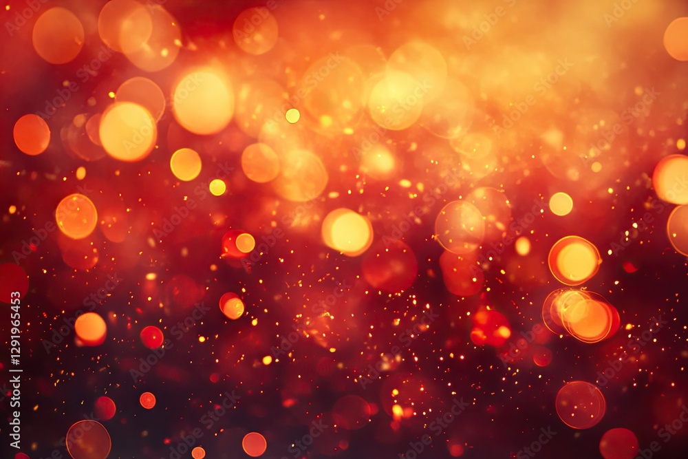 Poster abstract red and orange bokeh background with sparkling glitter and festive lights