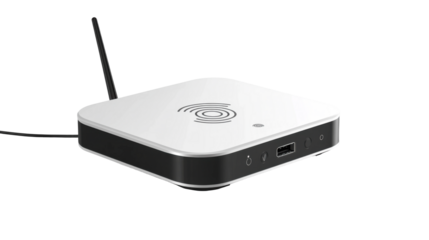 Black and white wifi router device showcase technology hub electronic equipment modern workspace close-up view connectivity concept