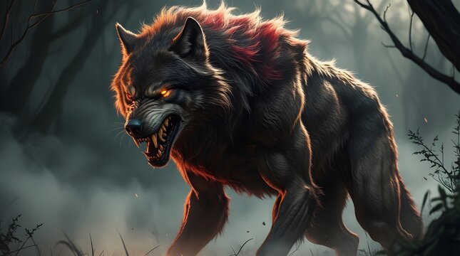 Supernatural Beast in the Dark &ndash; A chilling depiction of a werewolf lurking in haunted forests.