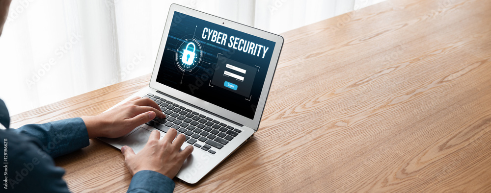 Poster cyber security system on computer screen protect private information snugly from hacker and cyber at