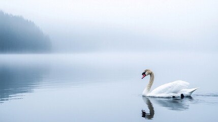 lone swan gracefully swimming on a tranquil lake, symbolizing solitude in love, surrounded by still waters and soft light. swan, lone swan, lake, solitude, love, symbol, peaceful, tranquil, 