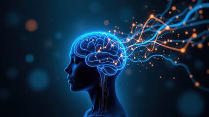 A graphic illustration featuring a human head with glowing blue light emanating from the brain, symbolizing artificial general intelligence.