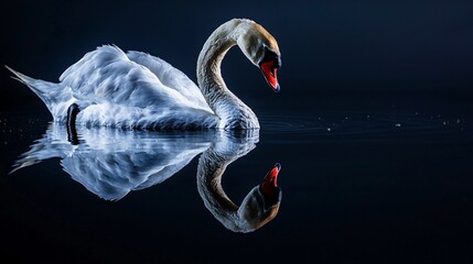 swan gazing at its own reflection on the water, embodying the idea of one-sided love and longing. swan, reflection, water, longing, one-sided love, solitude, gaze, mirror, isolation, sadness, 