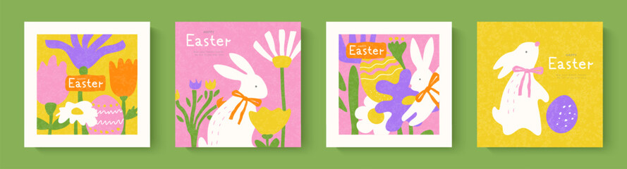 Happy Easter set of cards with cute hand drawn Easter bunnies, spring flowers and Easter eggs . Modern design with grainy texture. Collection of templates, cards, web banners or holiday covers in