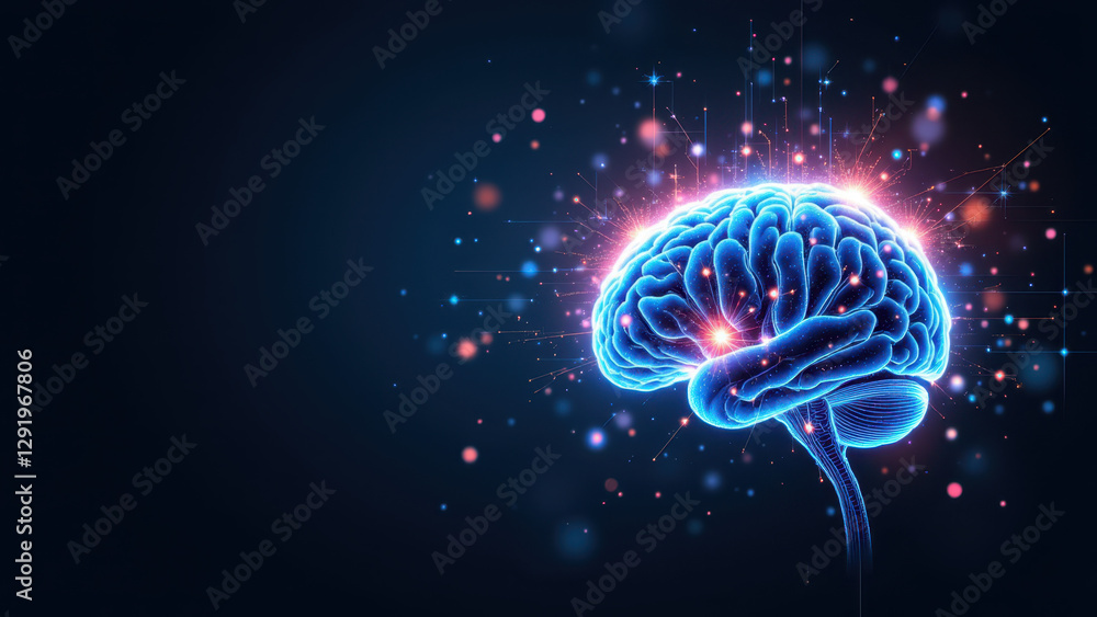 Poster an illustration of a human brain with bright lights emanating from it, symbolizing artificial genera