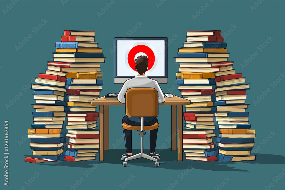 Poster person sitting at desk with computer surrounded by stacks of books, focused on learning and research