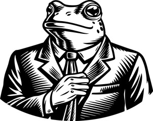 Frog-headed businessman wearing a suit and adjusting his tie, exuding confidence and sophistication sketch engraving vector