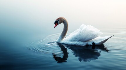 Fototapeta premium swan swimming in a pond covered in mist, with ripples symbolizing the fleeting nature of one-sided love. swan, pond, mist, ripples, fleeting, love, one-sided love, solitude, water, nature, peaceful, 