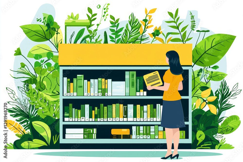 Poster person standing in front of digital library surrounded by greenery, exploring books with curiosity a