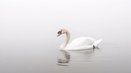 Fototapeta premium swan swimming in a pond covered in mist, with ripples symbolizing the fleeting nature of one-sided love. swan, pond, mist, ripples, fleeting, love, one-sided love, solitude, water, nature, peaceful, 