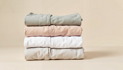 Stack of neatly folded neutral-toned cotton shirts. Zero waste fashion, Eco-friendly clothing, Organic cotton