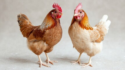 Fototapeta premium Two hens facing each other, studio shot, neutral background, poultry farming