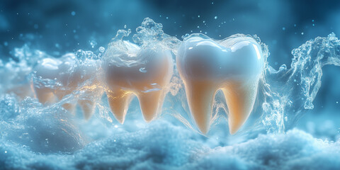 Obraz premium Dental model of premolars with concept of dental care, aqua cleaning and dental health and oral hygiene. Blue background