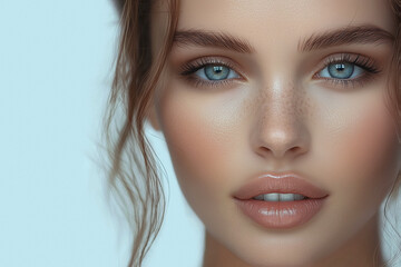 Naklejka premium Portrait of a beautiful woman with clear skin on a blue background