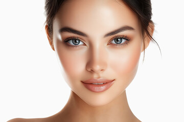 Fototapeta premium portrait of beautiful young brunette woman with perfect clear skin on white background close-up