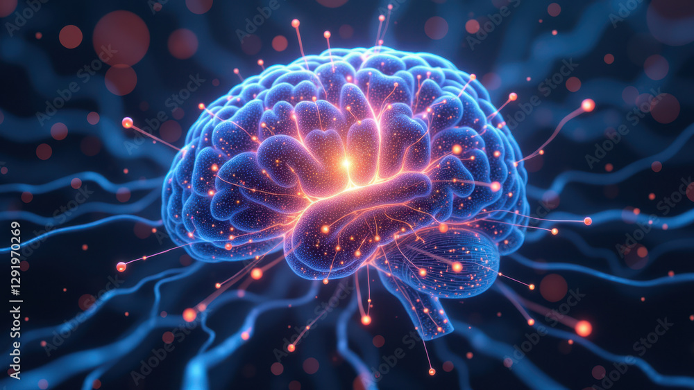 Poster 3d rendering of a human brain with lightning bolts, symbolizing artificial general intelligence.