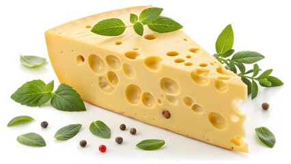 Swiss cheese wedge with basil and peppercorns. Piece of cheese on white background. Created with Ai