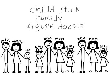 Smiling stick figure family members are standing together, representing family values and togetherness designs. Mom, dad, son, daughter. minimalistic art background. Children drawing doodle set.
