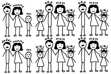 Smiling stick figure family members are standing together, representing family values and togetherness designs. Sets variety member in families, sons, daughters. Mom. Dad. minimalistic art