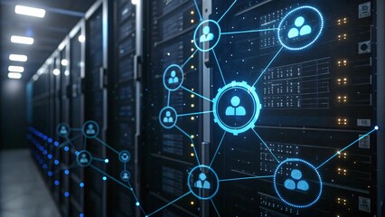 High-Tech Digital Network with Interconnected Nodes and Data Visualizations
