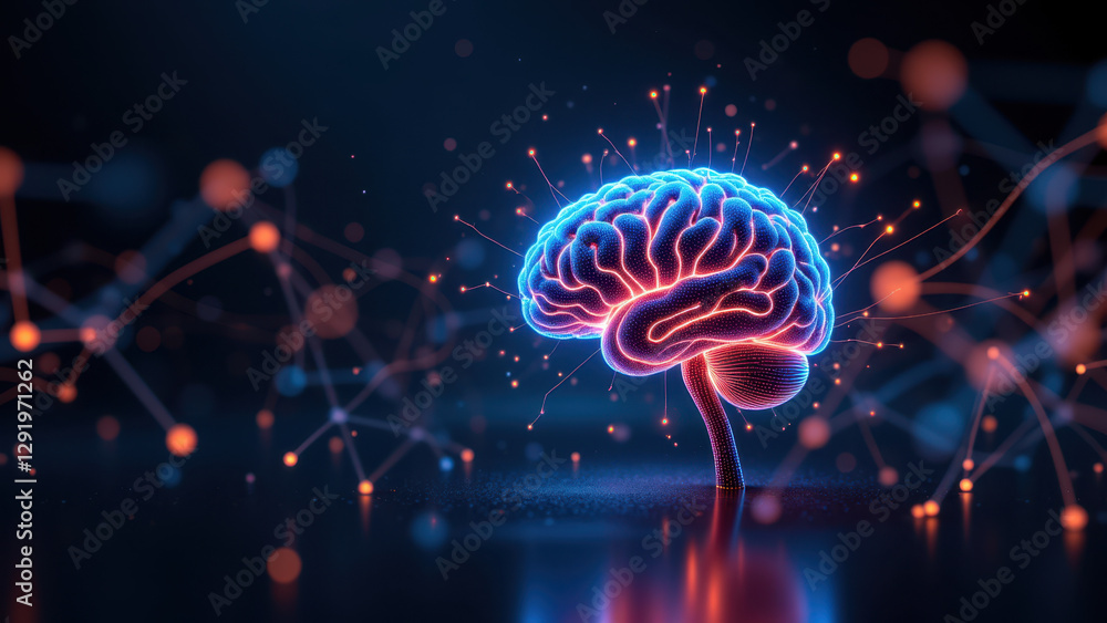 Poster illustration of an artificial brain surrounded by digital particles representing advanced technology
