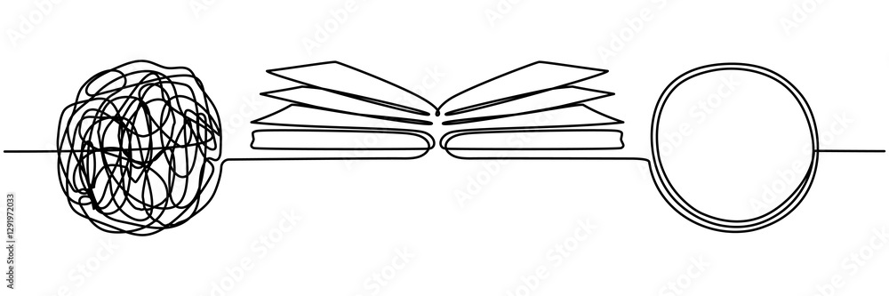Poster open book with chaos and mess circles continuous line drawn. problem solution symbol. education conc