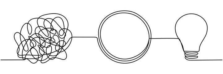 Chaotic and mess lines with lightbulb continuous line drawing. Problem solving concept. Creating idea symbol. Vector illustration isolated on white.