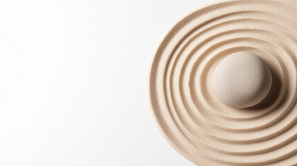 Obraz premium Wooden rake drawing circular patterns around stone, forming meditative sand garden representing tranquility and balanced contemplation