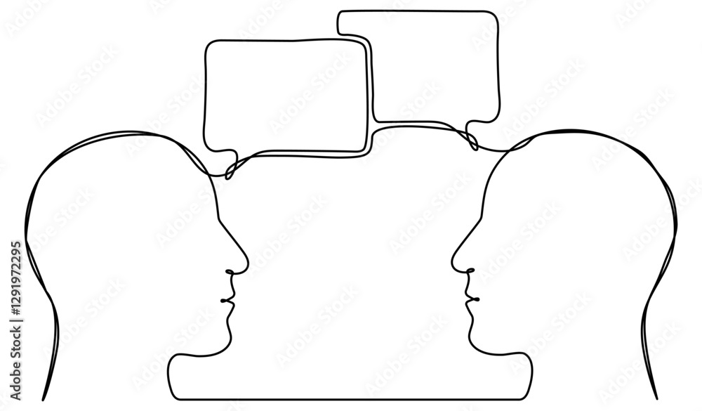 Poster human heads with speech bubbles continuous line drawing. dialog symbol. conversation between two per
