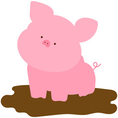 piglet in a puddle of mud, cute farm animal flat vector illustration