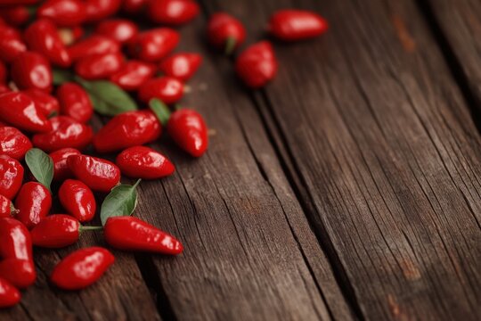 Red chiltepin Peppers on a Wooden Table