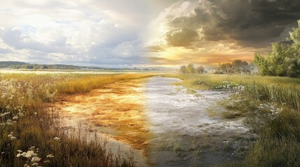 A split landscape showcasing contrasting weather conditions over a serene meadow at sunset