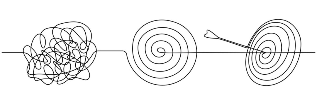 Chaotic and mess lines with target continuous one line drawn. Achieve goal symbol. Problem solving concept. Vector illustration isolated on white.